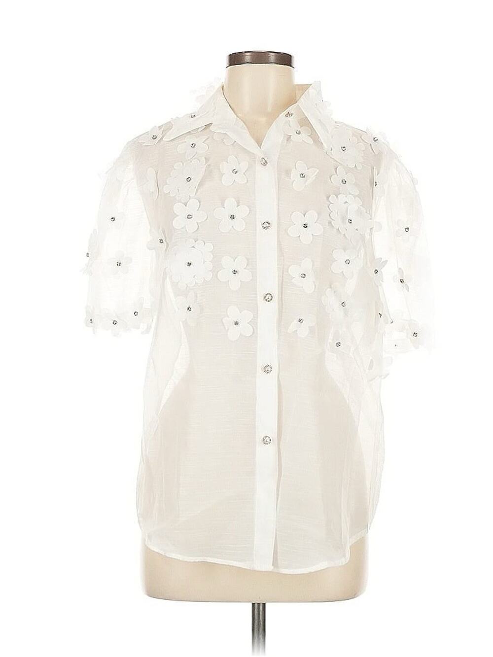 Beulah Short Sleeve White Sheer Collared 3D Flowers Blouse M